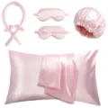 5-teiliges rosa Satinschlaf-Set mit hitzefreiem Lockenstab, Schlafmasken, Haube und Kissenbezug. - Hellrosa