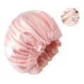 Pink satin sleep cap for women, soft double layer hair bonnet with wide elastic band. - Gold Pink / Adjustable Cap Circumference