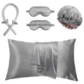 Graues Seidensatin 5-teiliges Set mit Kissenbezug, Schlafmaske, Haube und Lockenstab. - Grau