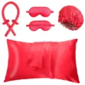 Rotes Satin Schlafset mit Kissenbezug, Lockenstab ohne Hitze, Schlafmasken und Haube. - Rot