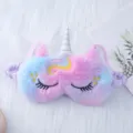 Cute unicorn plush sleep mask with soft pastel rainbow faux fur, comfortable elastic strap. - Colorful Rainbow Blue