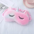 Cute plush unicorn sleep mask with soft faux rabbit fur, embroidered eyes, and elastic strap. - Metallic Pink