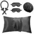 Schwarzes Satin Seide Schlaf Set 5-teilig Kissenbezug Schlafmaske Haube Lockenstab Haargummis - Schwarz