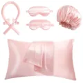Rosa Satin Schlafset inklusive Kissenbezug, Schlafmaske, Haube und hitzefreiem Lockenstab. - Gold Rosa