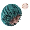 Gran gorro de dormir de satén de doble capa en verde oscuro y rosa, gorro de cuidado capilar para mujer. - Verde Oscuro / Circunferencia de la gorra ajustable