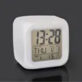 Color changing digital alarm clock with cube design, LED display for time, date and temperature. - Three-Battery Model / White