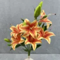 Artificial lily flower detail shot, 6-head orange floral bouquet for home decor and wedding. - No.3