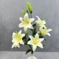 Artificial lily flower detail shot, six-head floral branch with white vase for home decor. - No.20