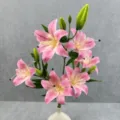 Detail view of 6-head artificial pink lily bouquet in white vase for home wedding decor. - No. 21