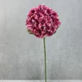 Artificial silk hydrangea flower stem detail with deep pink petals in a clear glass vase. - Fuschia