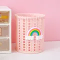 Pink knitted desk pen holder with cute rainbow decor, ideal for student stationery storage. - Rainbow - Pink
