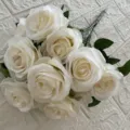 Artificial white rose bouquet detail shot, 10-head faux fabric flowers for home decoration. - Off White