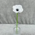White artificial poppy flower variant, mini PU faux flower with green stem and glass vase. - Pure White