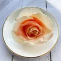 Artificial peach rose flower head detail, fabric floral decor for wedding table, DIY craft accessory. - Deep Champagne