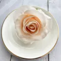 Detailed view of champagne artificial rose flower head on ceramic plate for table decor. - Champagne