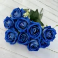 Bouquet de roses artificielles bleues, neuf têtes en soie pour déco mariage et accessoires. - Bleu saphir