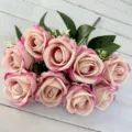 Bouquet de Roses Artificielles Roses 9 Têtes Fausses Fleurs Décoration de Mariage - Vieux rose