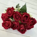 Bouquet de roses rouges artificielles avec feuilles vertes, fausses fleurs pour mariage et photo. - Bordeaux