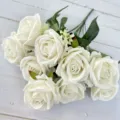 Bouquet de roses artificielles blanches neuf têtes fleurs de soie pour décoration de mariage - Crème