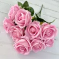 Bouquet de roses roses artificielles, 9 têtes fausses fleurs pour déco de mariage et accessoires photo. - Rose Clair