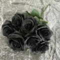 Artificial black rose bouquet, 7 forks fake silk flowers for home wedding party gothic decor. - Black
