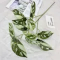 Artificial variegated monstera leaf branch, green and white plant stem for home decor. - White Green