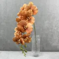Gedetailleerde close-up van kunstmatige oranje phalaenopsis orchidee bloementak in glazen vaas. - 12