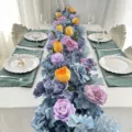Chemin de table de fleurs artificielles bleu violet tulipe hortensia decoration feste mariage - CQ 55