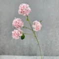 Nahaufnahme Detail künstlicher rosa Hortensien Blütenkopf mit realistischer grüner Blattstruktur. - Hellrosa
