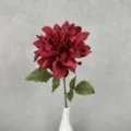 Single artificial dahlia flower with green leaves in white vase for home wedding decor - Bright Red