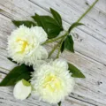 Artificial white peony flower bouquet with 3 heads and green leaves for home decor. - Light Champagne
