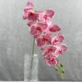 Gedetailleerd overzicht van kunstmatige roze gestreepte orchidee in glazen vaas voor thuis. - 14