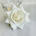 White fabric rose brooch variant, artificial flower corsage accessory for wedding party. - White