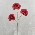 Detail view of 3-head artificial red rose flower branch, perfect for home decor and DIY. - Bright Red