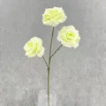 Detail shot of 3-head artificial rose flower branch, realistic silk floral decor for home. - Light Green