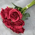 Artificial dark red rose bouquet 9 heads hand tied silk flowers for wedding home decor - Bright Red
