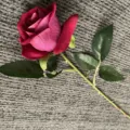 Vue détaillée d'une rose artificielle en velours avec feuilles vertes et tige réaliste. - Rose rouge
