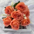 Artificial Orange Silk Rose Bouquet 7 Heads Wedding Party Home Floral Decoration Prop - Orange