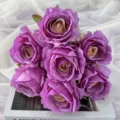 Artificial purple rose bouquet 7 heads silk flowers for wedding home decor photography props - Light Purple