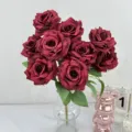 Artificial rose bouquet 9 heads silk flowers for wedding home decor fake flower arrangement - Dark Red