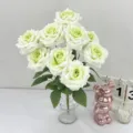 Artificial rose bouquet with 9 heads fake silk flowers in glass vase for home wedding decor. - White Green