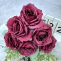 Artificial dark red rose bouquet for wedding home decoration and photography props silk flower - Bright Red