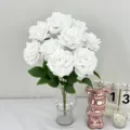 White artificial rose bouquet with glass vase, silk flower for home wedding decoration. - Pure White
