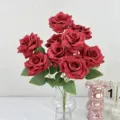 Artificial dark red rose bouquet silk flowers with glass vase for home wedding decor. - Bright Red