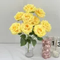 Artificial yellow rose bouquet with glass vase, fake silk flowers for home decor. - Yellow