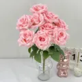 Artificial pink rose bouquet in clear glass vase, 9-head silk flower for home wedding decor. - Light Pink