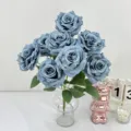 Artificial blue grey rose bouquet silk flowers with glass vase home decor wedding party - Light Mist Blue