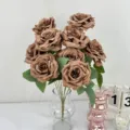Artificial brown rose bouquet with green leaves in glass vase, elegant home decor floral set. - Chocolate
