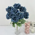 Artificial blue rose bouquet 9 heads fake silk flowers for home wedding party decoration tabletop. - Deep Fog Blue