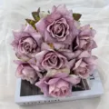Vintage 7-head artificial rose bouquet in dusty purple, perfect for home wedding decor. - Light Purple